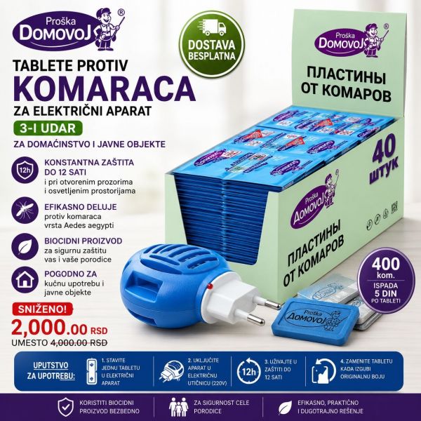 Konstantna zaštita 12 sati od komaraca, pri otvorenim prozorima i osvetljenim / osvijetljenim prostorijama.